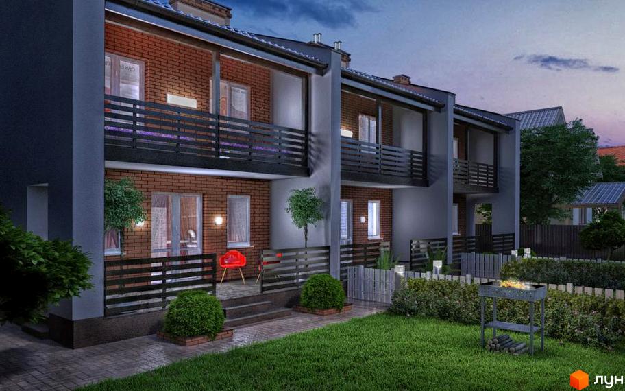 Зовнішній вигляд котеджного містечка КМ Best House з цегляними фасадами та балконами. Прибудинкова територія з зеленим газоном та мангалом.