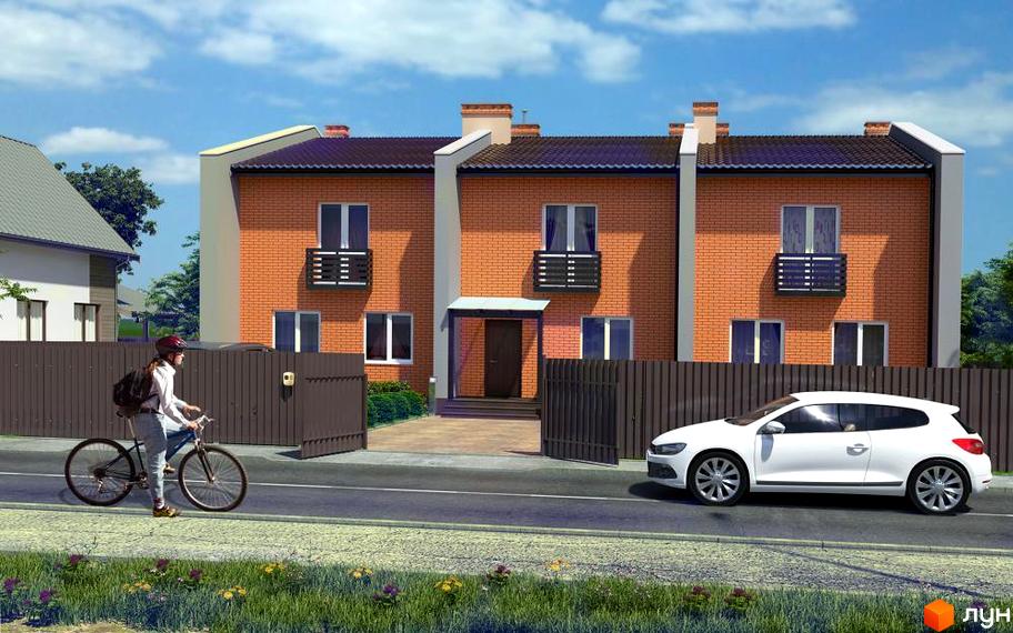 Котеджне містечко КМ Best House: цегляні будинки з балконами та парканом. Поруч дорога з білим автомобілем та велосипедист. Зелена зона з квітами.