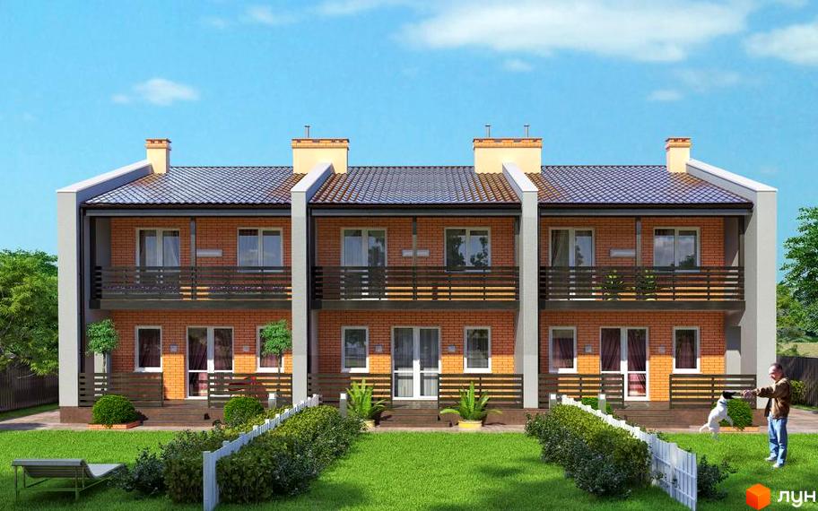 Котеджне містечко КМ Best House - це двоповерхові цегляні будинки з балконами та доглянутою прибудинковою територією з газоном та парканом. На території є диванчик для відпочинку та дерево.