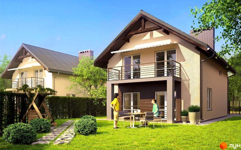 Котеджне містечко КМ Best House. Зовнішній вигляд двоповерхового будинку з балконом та прибудинкова територія з газоном і доріжкою.