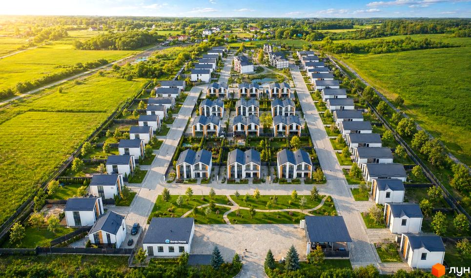 Котеджне містечко Gardd House Eco Village з білими будинками та синіми дахами, розташоване серед зелених полів та дерев.