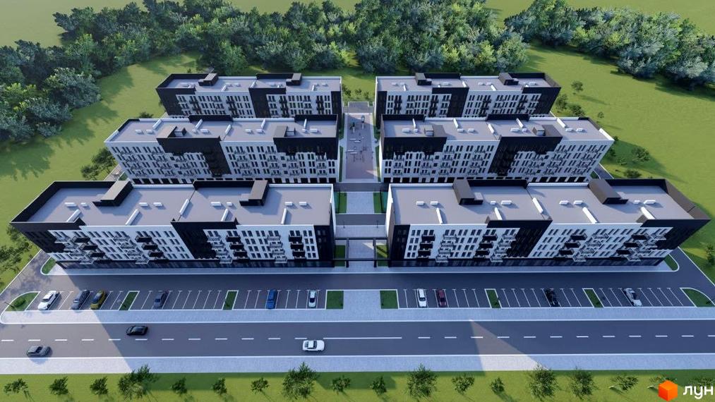 Зовнішній вигляд житлового комплексу Містечко Молодіжне, що складається з кількох секцій з біло-чорними фасадами, та прибудинкова територія з парковкою та дорогою.