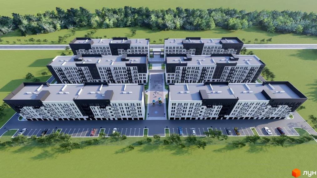 Житловий комплекс Містечко Молодіжне з багатоповерховими будинками білого та чорного кольорів. На території розташовані дитячий майданчик та парковки.