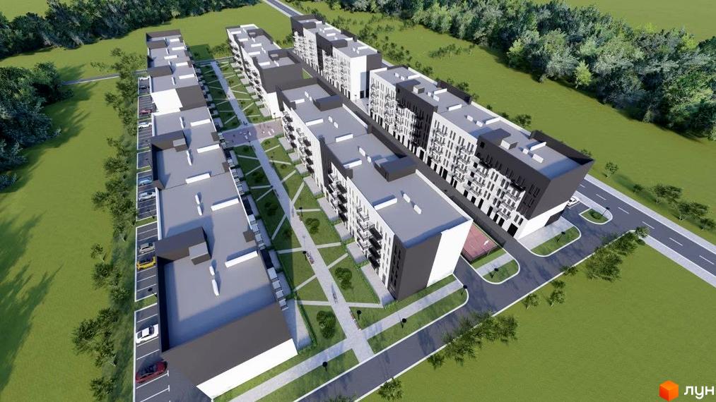 Житловий комплекс Містечко Молодіжне: багатоповерхові будинки з білими та темними фасадами, балконами. Прибудинкова територія з зеленими зонами, доріжками та парковками.
