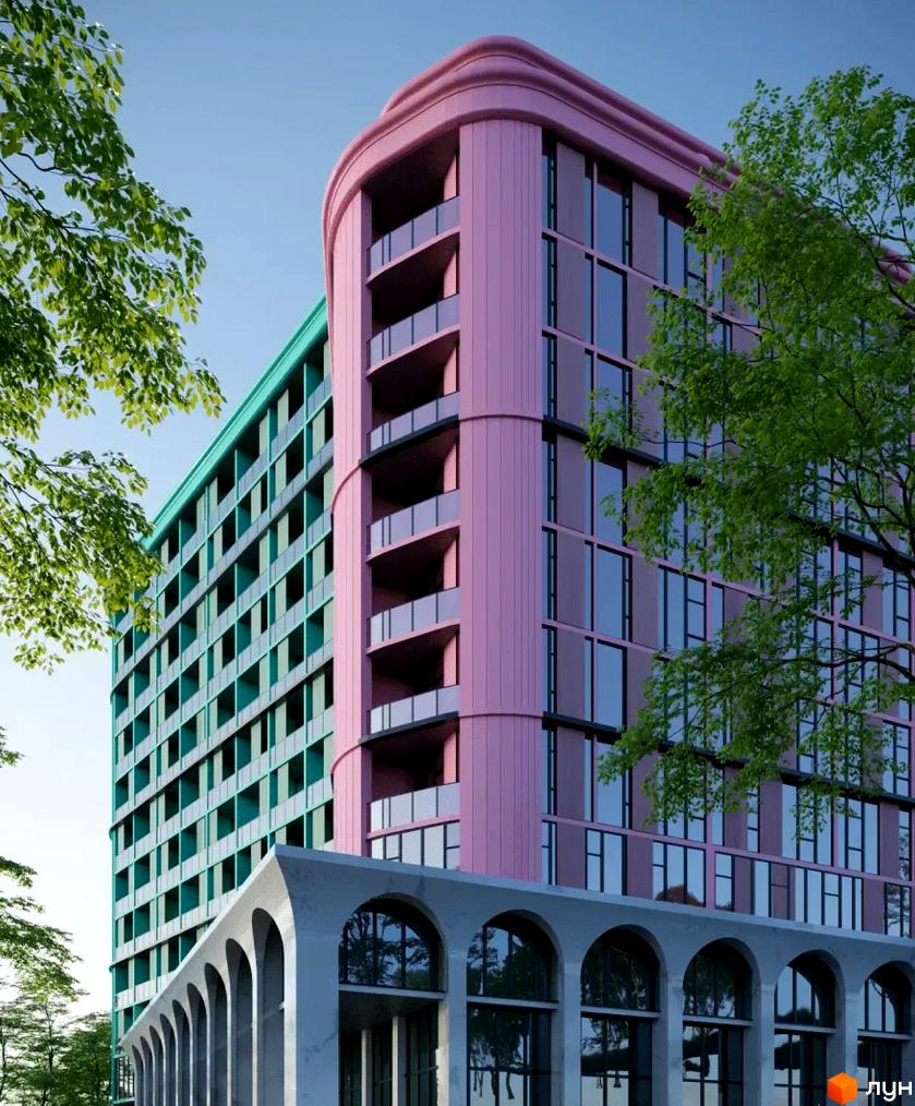 Зовнішній вигляд новобудови ARCHOTEL AVENUE з рожевим та бірюзовим фасадами, скляними балконами та арочним цоколем.