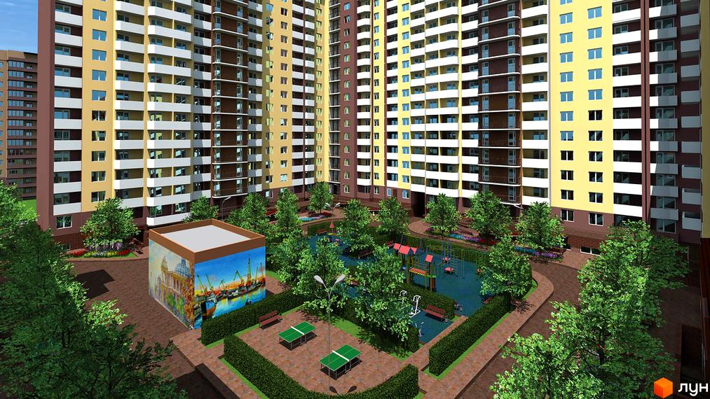 Багатоповерховий будинок Житловий комплекс Левітана з фасадом у світлих тонах. На території комплексу облаштовано дитячий майданчик, зони відпочинку та тенісні столи.