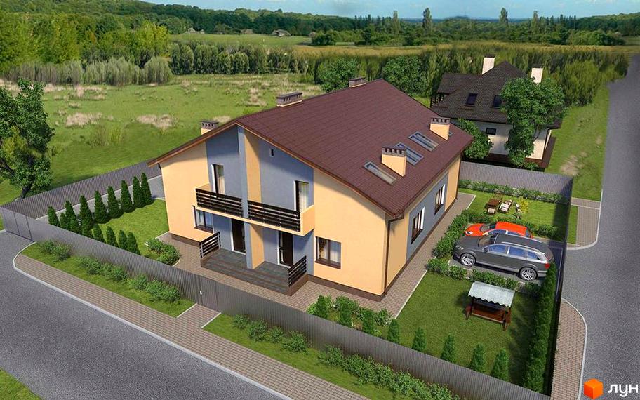 Котеджне містечко КМ Best House. Двоповерховий будинок з коричневим дахом, бежевими та сірими стінами, балконами та вікнами. На прибудинковій території паркан, зелений газон, дерева, дві машини та альтанка.