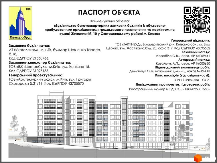 Паспорт об'єкта новобудови на вул. Живописній, 10. Зовнішній вигляд багатоповерхового будинку з балконами та прибудинковою територією.