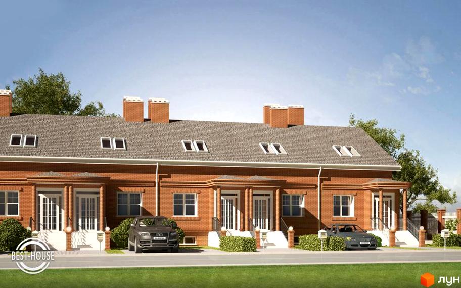 Котеджне містечко Best House. Фасад цегляних будинків з мансардними вікнами та димарями. Прибудинкова територія з автомобілями та зеленими насадженнями.