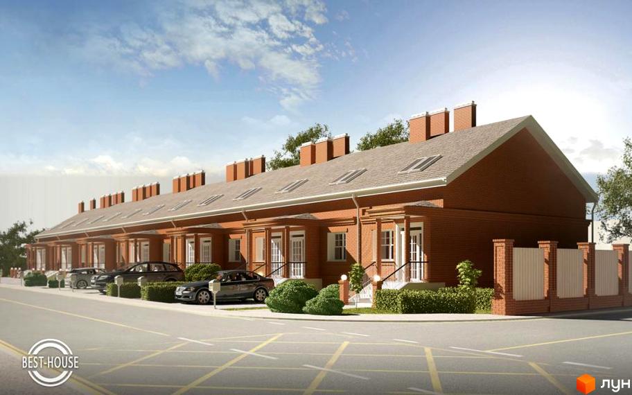 Котеджне містечко Best House: цегляні будинки з мансардними вікнами та димарями, розташовані вздовж дороги з припаркованими автомобілями та зеленими насадженнями.