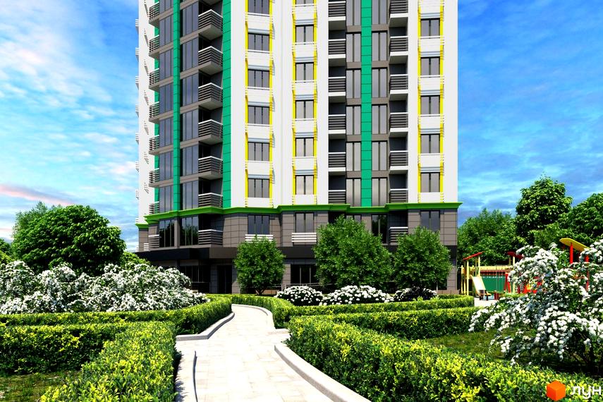 Багатоповерховий будинок Житлового комплексу Comfort City з біло-зеленим фасадом та балконами. Навколо доріжка, зелені насадження та дитячий майданчик.