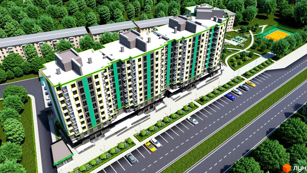 Житловий комплекс Comfort City з яскравим фасадом та зеленою прибудинковою територією, що включає спортивні майданчики та парковку.
