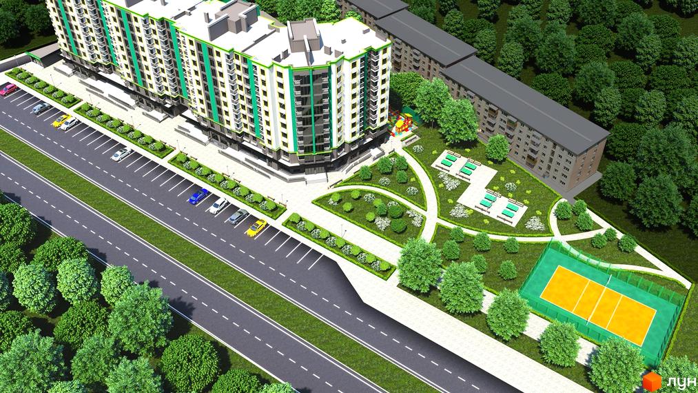 Житловий комплекс Comfort City з зеленими фасадами та прибудинковою територією з дитячим майданчиком, зонами відпочинку та спортивним майданчиком.
