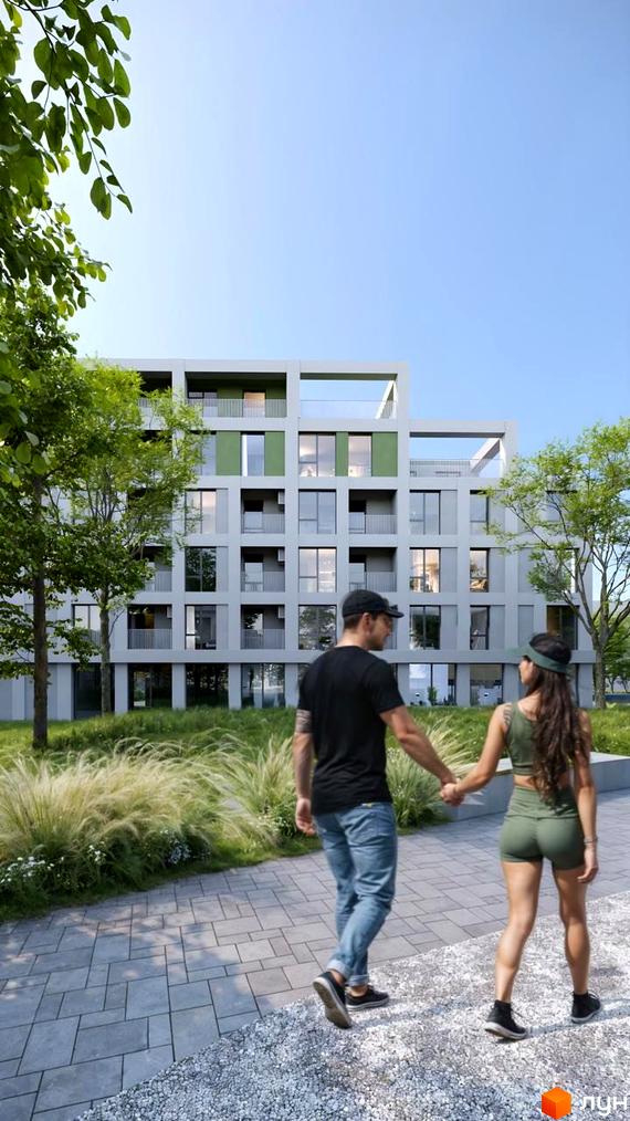 Житловий комплекс Green Hill City з сірим фасадом та зеленими вставками, балконами. Прибудинкова територія з деревами, травами та пішохідними доріжками.