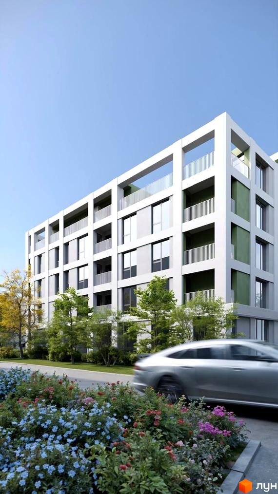 Житловий комплекс Green Hill City: багатоповерховий будинок з білим каркасом, сірими стінами та зеленими вставками. Перед ним квіткові клумби та зелені дерева.