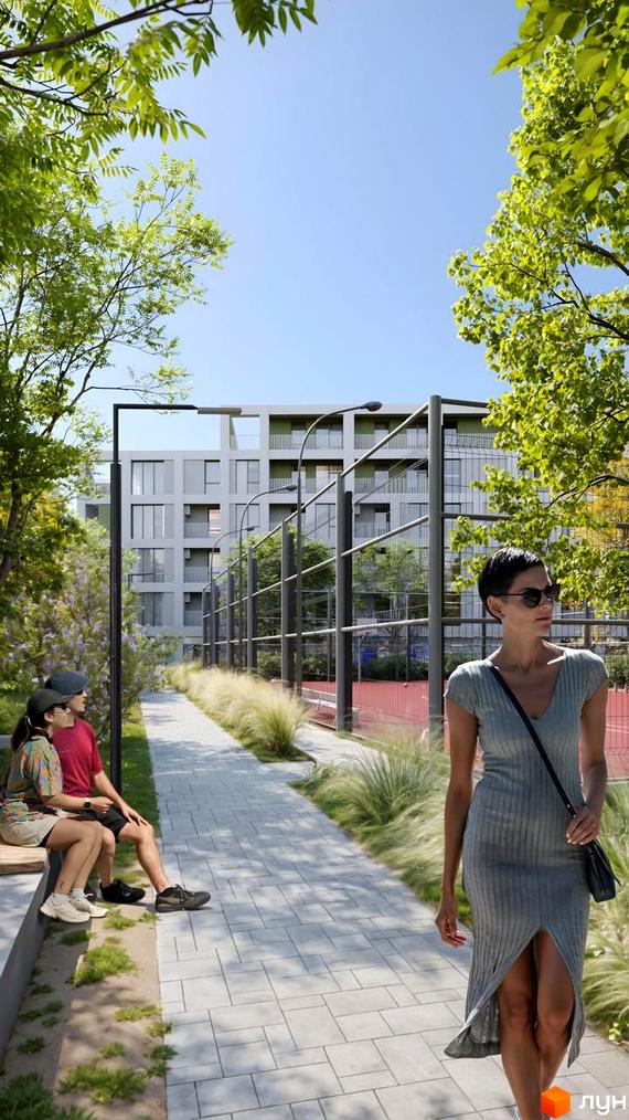 Житловий комплекс Green Hill City з сучасною архітектурою та доглянутою прибудинковою територією, що включає спортивні майданчики та зони відпочинку.
