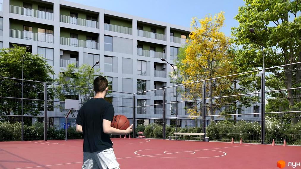 Житловий комплекс Green Hill City: багатоповерховий будинок з сірим фасадом та зеленими балконами. Поруч червоний спортивний майданчик.