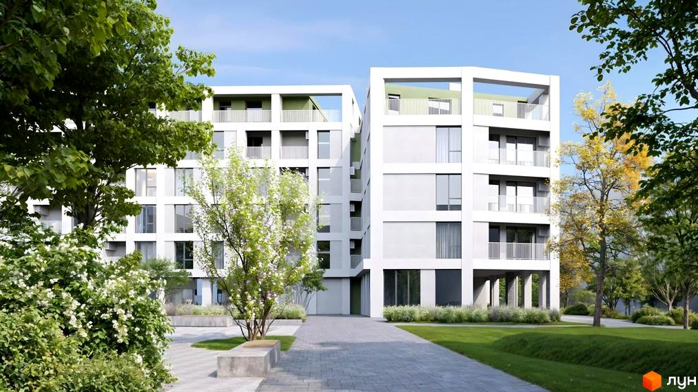 Житловий комплекс Green Hill City: білі багатоповерхові будинки з балконами та великими вікнами, оточені зеленими насадженнями та доріжками.