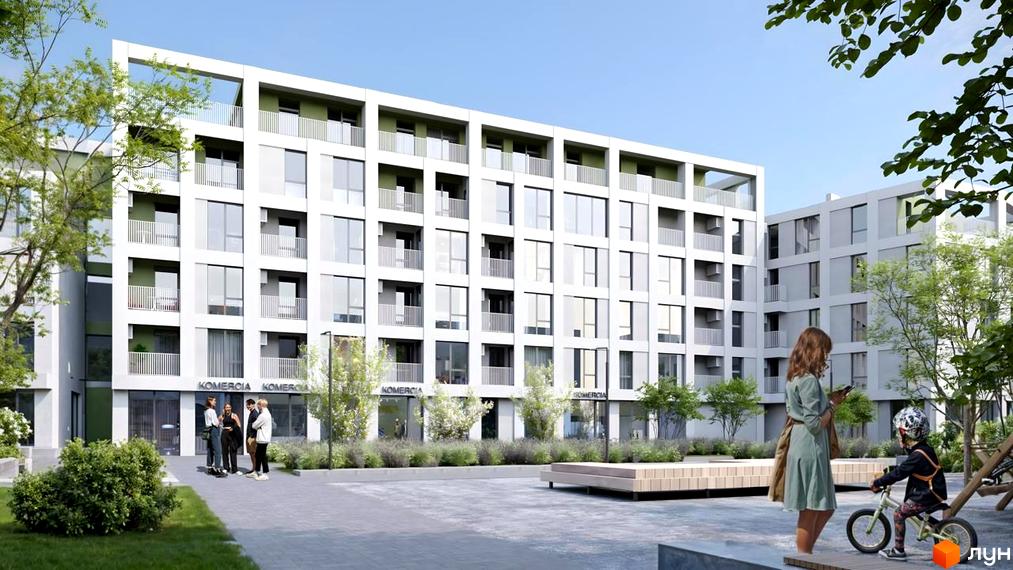 Житловий комплекс Green Hill City: білий будинок з зеленими вставками та балконами. Прибудинкова територія з озелененням, вимощеною площею та людьми.