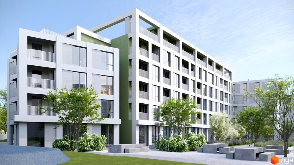 Новобудова Green Hill City з балконами та великими вікнами, оточена деревами та кущами. Прибудинкова територія з лавками та зеленою зоною.
