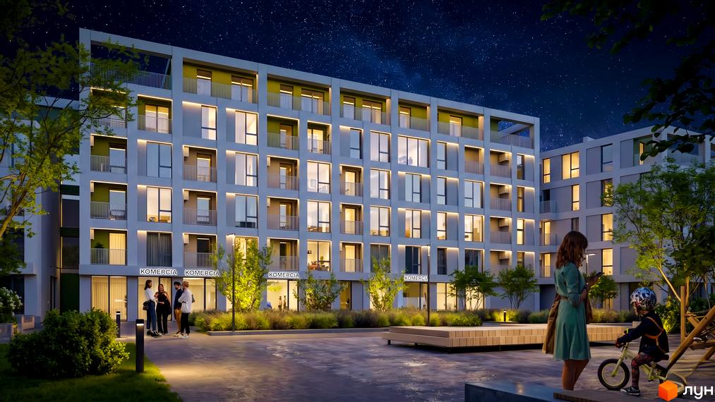 Житловий комплекс Green Hill City з фасадами, що підсвічуються вночі, та доглянутою прибудинковою територією з лавками та деревами.