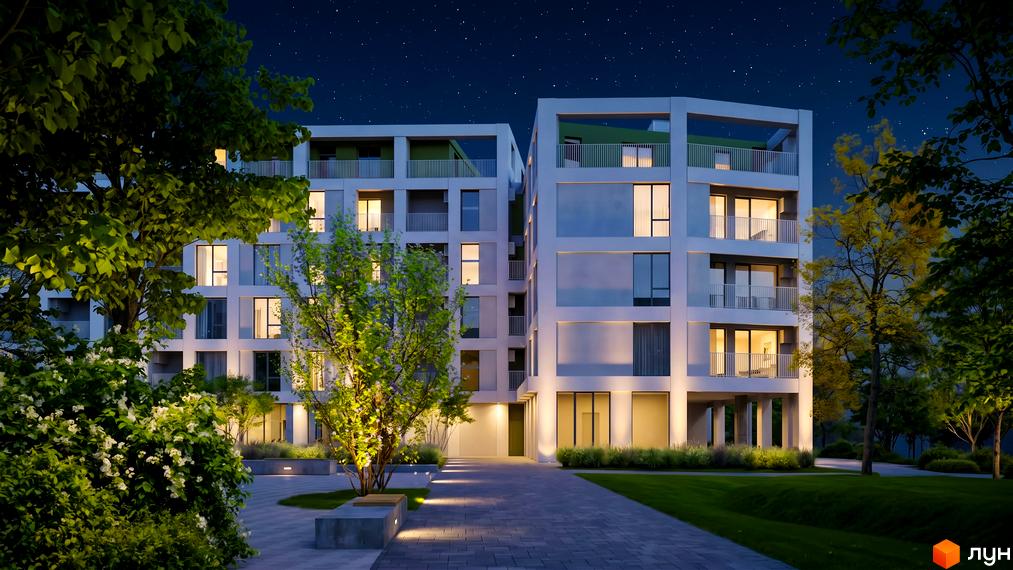 Житловий комплекс Green Hill City з фасадами з білих панелей та зеленими балконами. Навколо комплексу розташований доглянутий двір з деревами та освітленням.