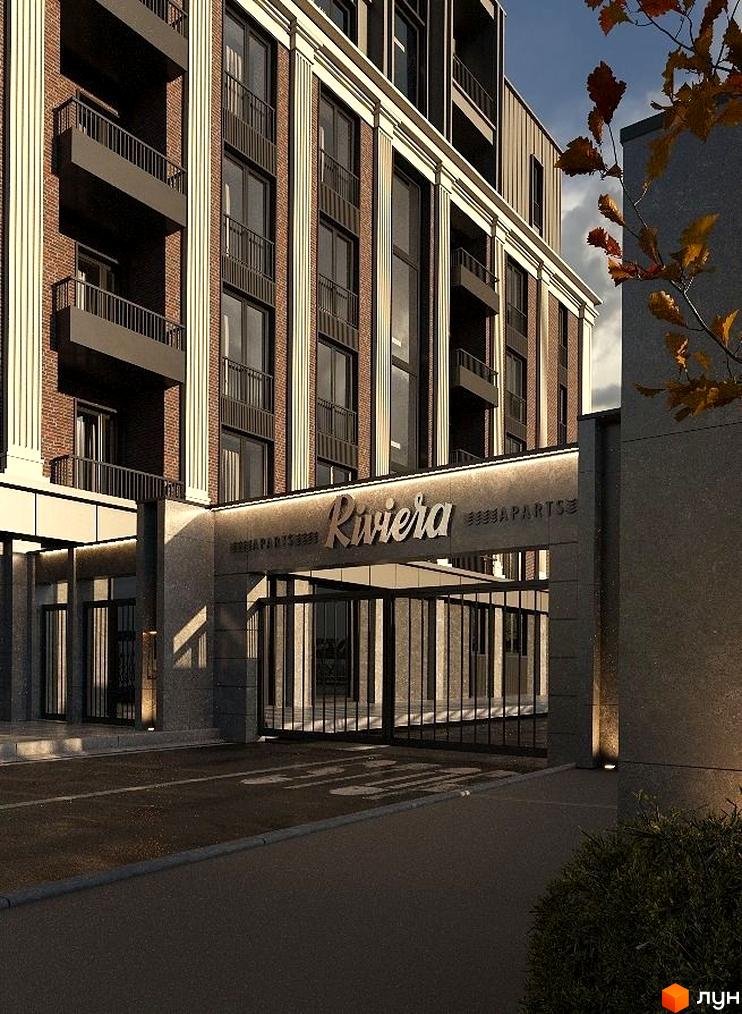 Апарт-готель Riviera aparts з цегляним фасадом, колонами та балконами. Вхідна група з воротами та підсвіткою.