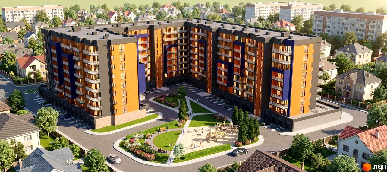 Житловий комплекс Садовий квартал: багатоповерхова новобудова з оранжево-синіми фасадами, балконами та прибудинковою територією з дитячим майданчиком та зонами відпочинку.