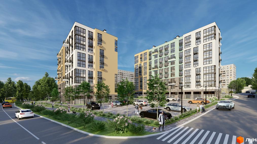Житловий комплекс TWINS RESIDENCE з елегантним фасадом та балконами, оточений доглянутою прибудинковою територією з деревами та парковкою.