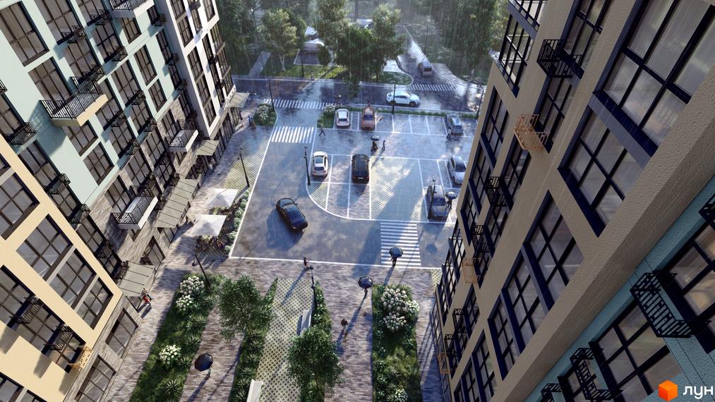 Новобудова ЖК TWINS RESIDENCE з балконами та великими вікнами, парковка та зелена зона з деревами.