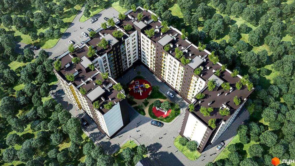 Житловий комплекс Імперія з багатоповерховими будинками та зеленими зонами. На території комплексу розташований дитячий майданчик та парковка.