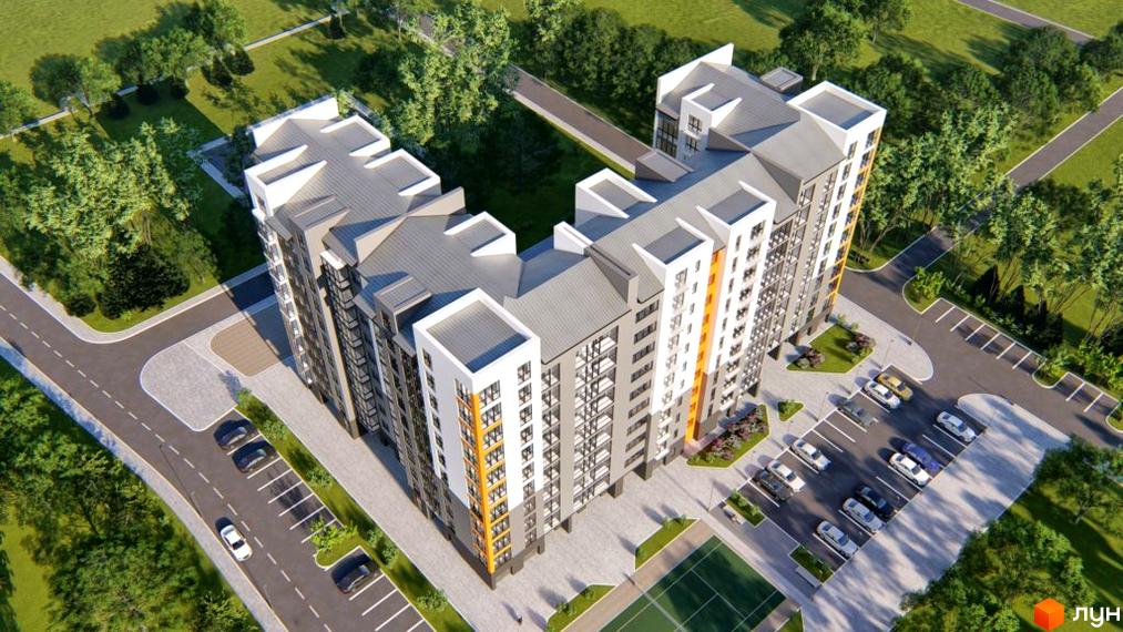 Житловий комплекс Галицький 2: U-подібний будинок з сірим дахом та контрастним фасадом. Навколо: дороги, парковки, зелені зони.