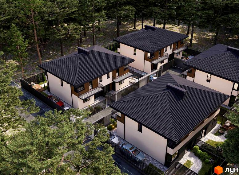 Дуплекси Toscana Park 3.0 з чорними дахами та світлими фасадами, розташовані серед соснового лісу з доріжками та парковками.