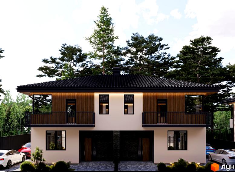 Дуплекси Toscana Park 3.0 з темним дахом, світлими фасадами, дерев'яними акцентами та балконами. Прибудинкова територія має зелені насадження та парковку.