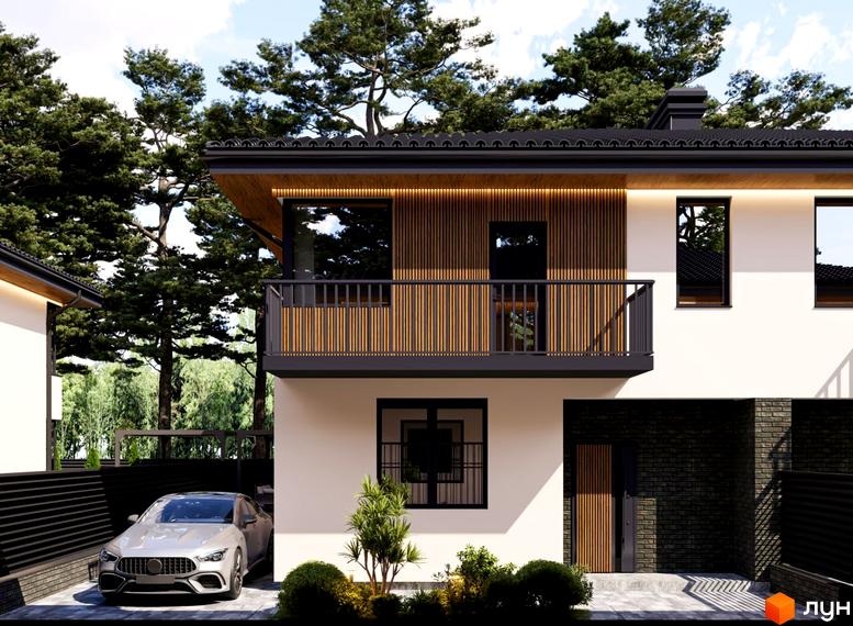 Дуплекси Toscana Park 3.0: Двоповерховий будинок з білими стінами, дерев'яним оздобленням, балконом та припаркованим автомобілем на подвір'ї.