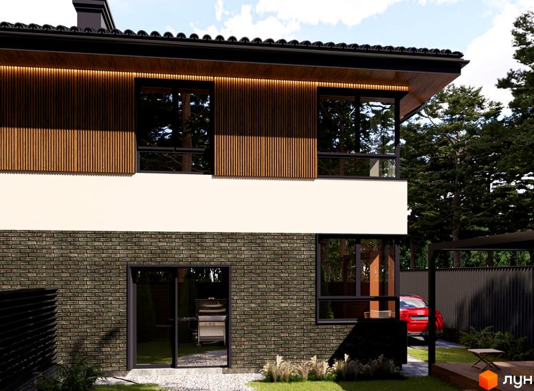 Фасад дуплексу Toscana Park 3.0 з темно-цегляним низом, білим середнім поверхом та дерев'яними панелями. Навколо будинку зелений газон та дерева.