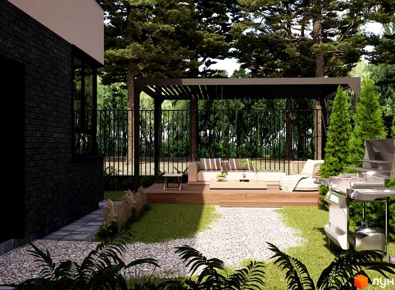 Темний цегляний дуплекс Дуплекси Toscana Park 3.0 з великим вікном. На прибудинковій території розташована дерев'яна тераса з меблями, зона барбекю, газон та доріжка з гальки.