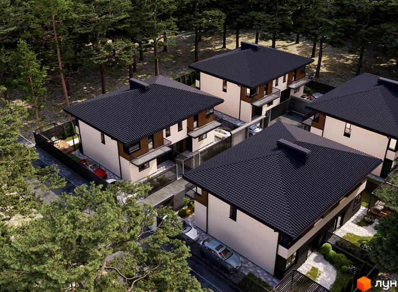 Дуплекси Toscana Park 3.0 у оточенні лісу. Зовнішній вигляд будинків з темними дахами та світлими стінами, прибудинкова територія з парковками та зеленими насадженнями.
