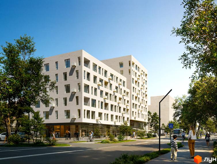 Житловий комплекс KREDO Line - це сучасна новобудова з мінімалістичним фасадом та балконами, розташована вздовж вулиці з деревами та тротуаром.