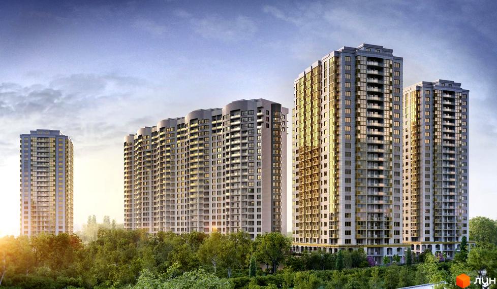 Житловий комплекс Park Avenue VIP - висотні будинки з балконами та скляними фасадами на тлі неба, оточені зеленню дерев.