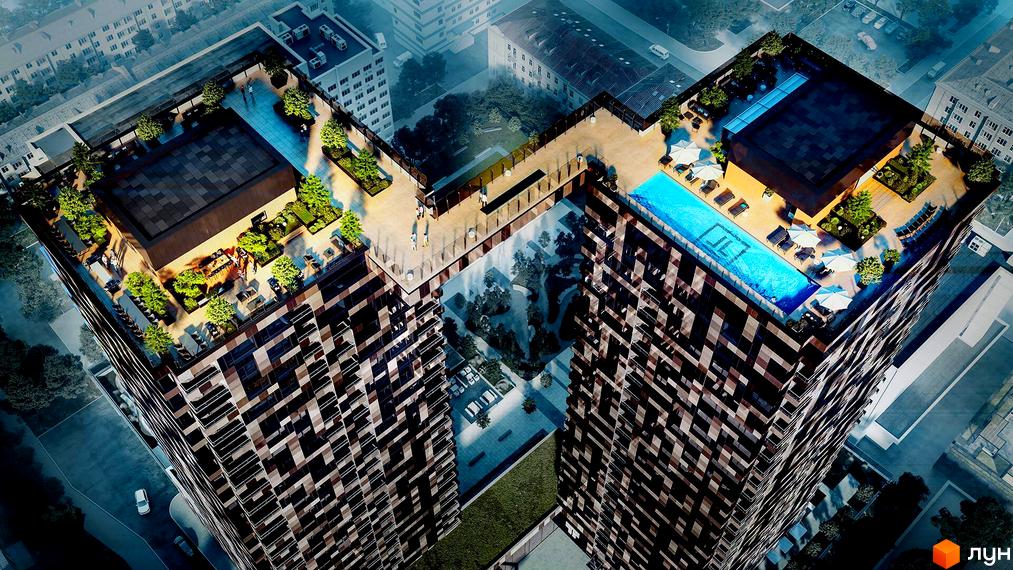 Житловий комплекс Tetris Hall: два висотні будинки з фасадом у візерунок, з'єднані містком, та дахами з басейном і зеленими зонами відпочинку.