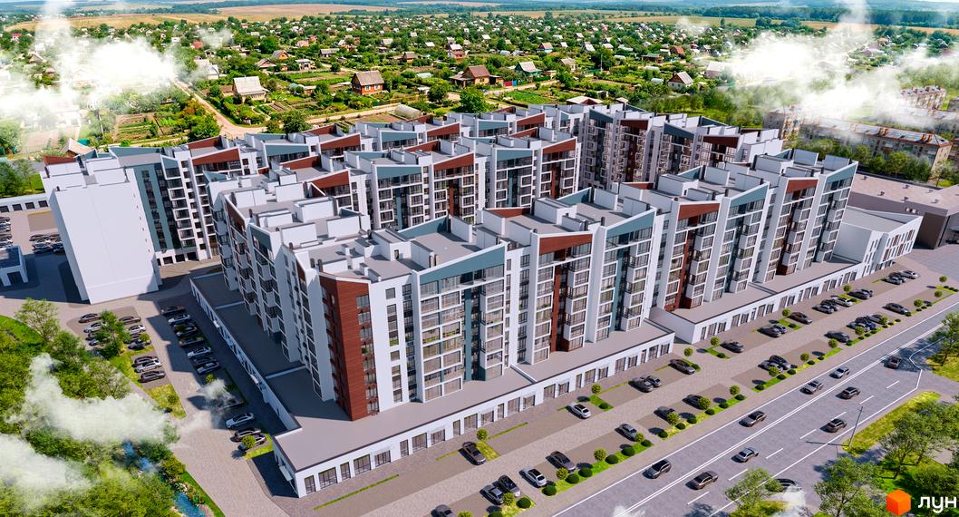 Aventura - житловий комплекс з багатоповерховими будинками та паркінгом. Навколо комплексу зелена зона з деревами та струмком.
