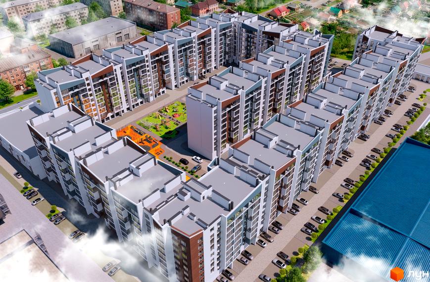 Житловий комплекс Aventura: багатоповерхові будинки з білими, сірими та коричневими фасадами. У дворі розташовані дитячий майданчик та спортивна зона, поруч є паркінг.