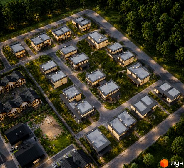 Котеджне містечко BEREZIVKA city з двоповерховими будинками світлих тонів та темними дахами. На території освітлені вулиці, зелені насадження та дитячий майданчик.