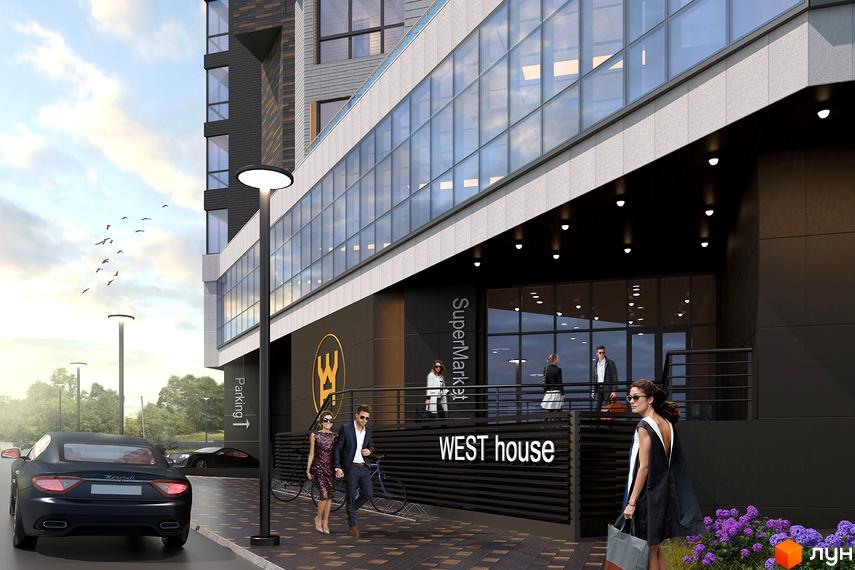Новобудова West House з панорамним склінням та прибудинковою територією з парковкою та зеленими зонами.