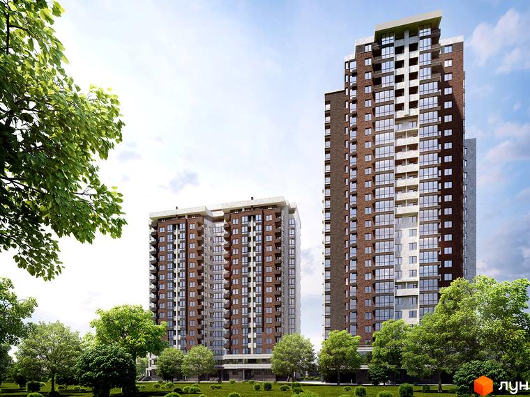 Житловий комплекс West House - висотні будинки з цегляним фасадом та скляними балконами, оточені зеленими деревами та доглянутим газоном.