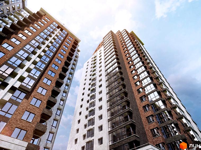Житловий комплекс West House - висотні будинки з цегляним та білим фасадом, скляними балконами та панорамними вікнами.