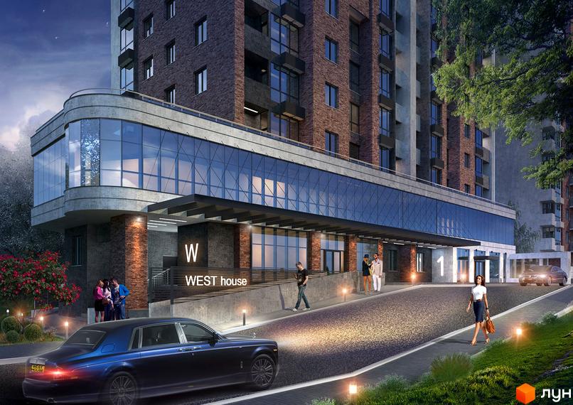Новобудова West House з фасадом із цегли та скляною галереєю. Прибудинкова територія з дорогою, освітленням та зеленими насадженнями.