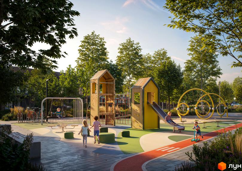 Дитячий майданчик біля таунхаусів Royal Village з гіркою, гойдалками та ігровими спорудами. Зелена зона з деревами та велосипедами.