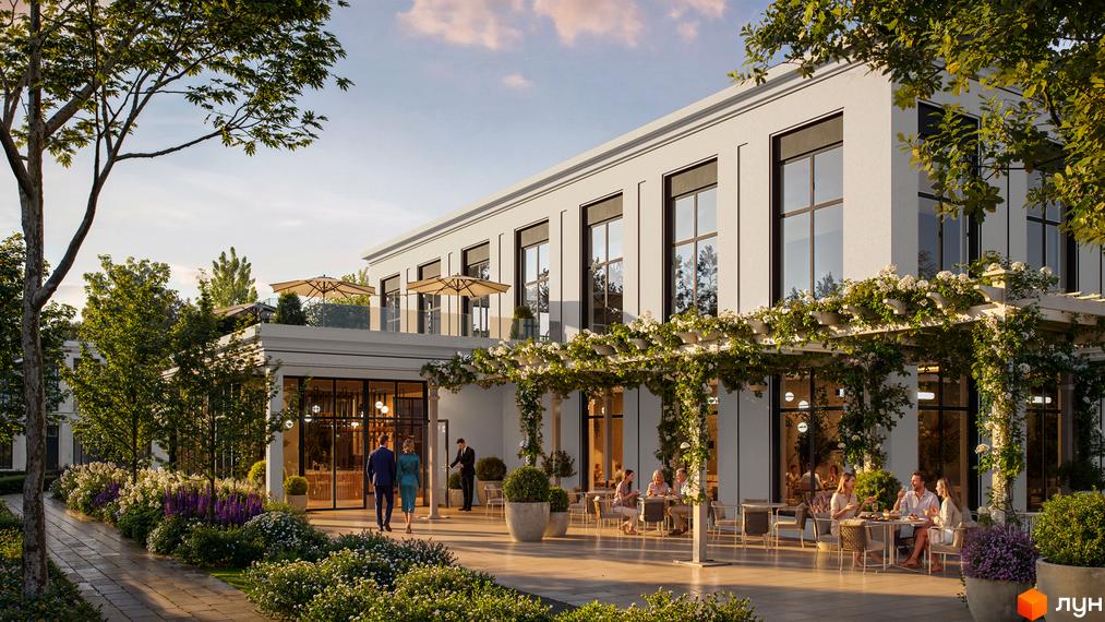 Таунхауси Royal Village з терасою та зеленою перголою. Навколо будинку розташовані квіти та дерева, а на терасі відпочивають люди.